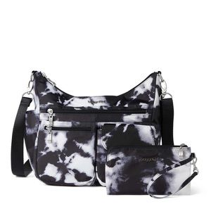 New Baggallini Modern Everywhere Hobo Crossbody Bag Black Ink Tie Dye